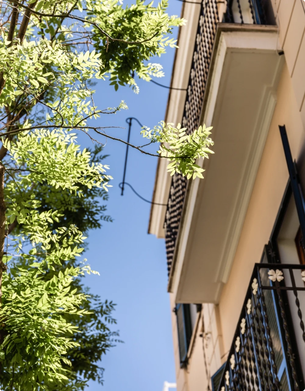 Toma exterior ascendente del balcón de una propiedad, árboles verdes y cielo azul.